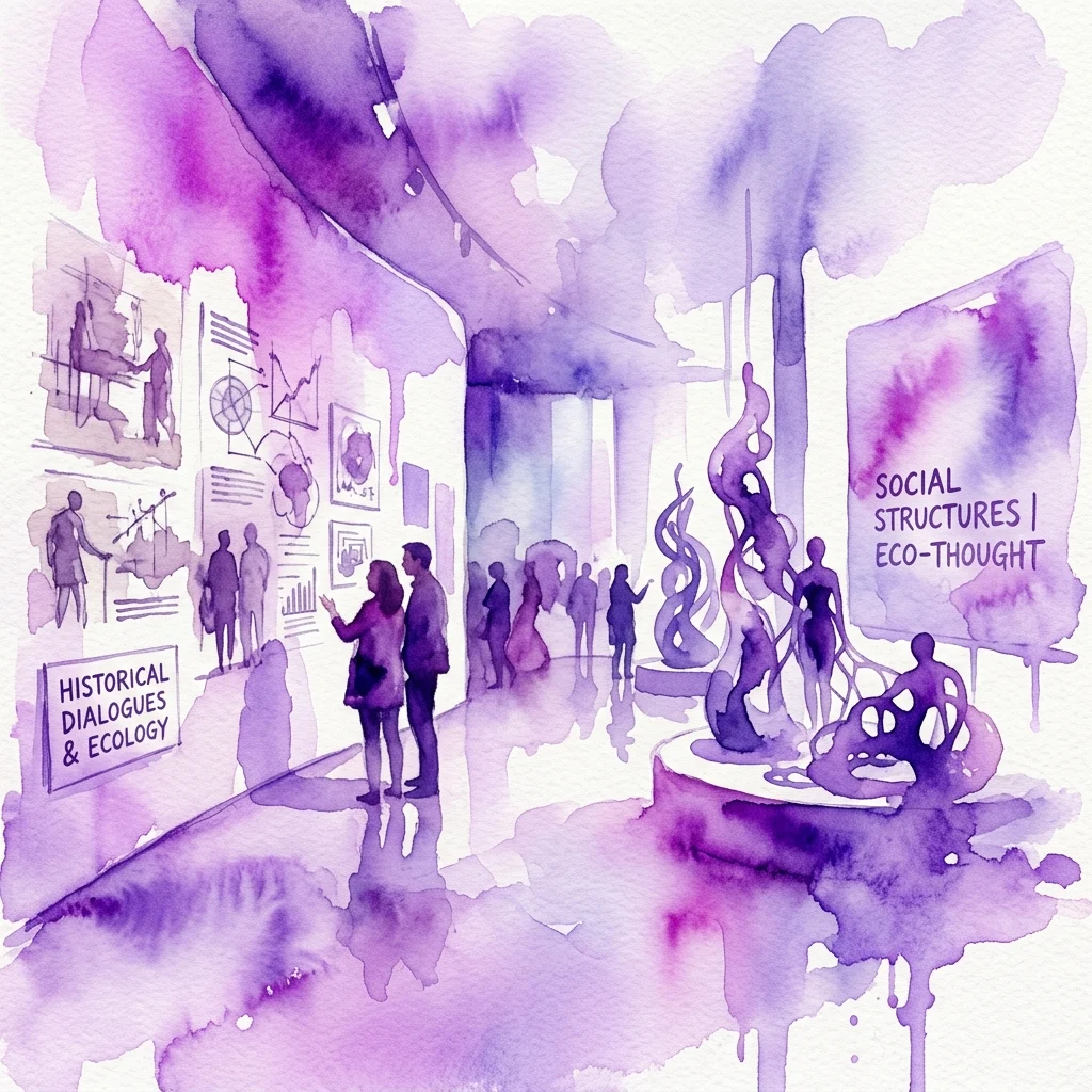 Ilustración en acuarela de una exposición en galería titulada 'Timeline', que presenta dibujos de archivo y esculturas contemporáneas que exploran estructuras sociales y pensamiento ecológico, con visitantes observando las obras de arte.