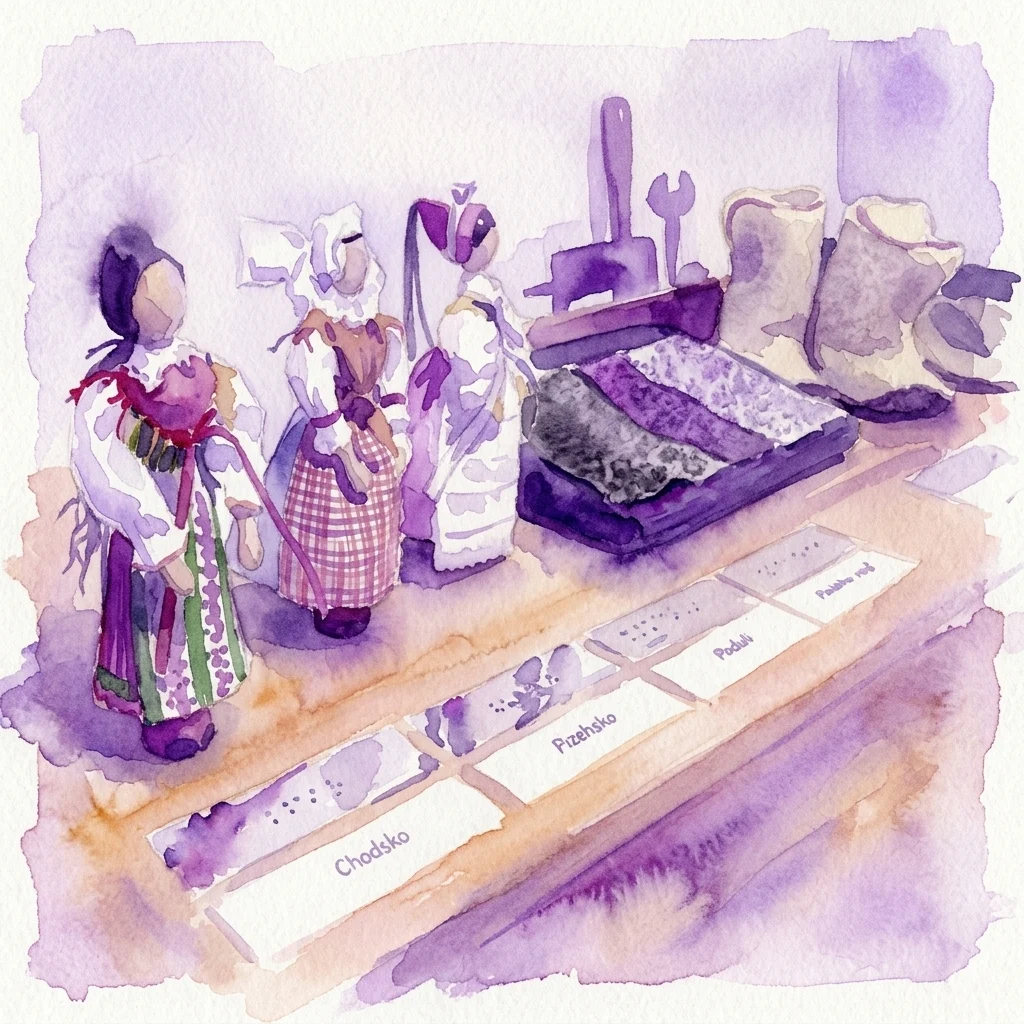 Watercolor illustration of a tactile exhibition display featuring traditional Czech folk costumes, handcrafted tools, and a village house model with Braille labels for accessibility.