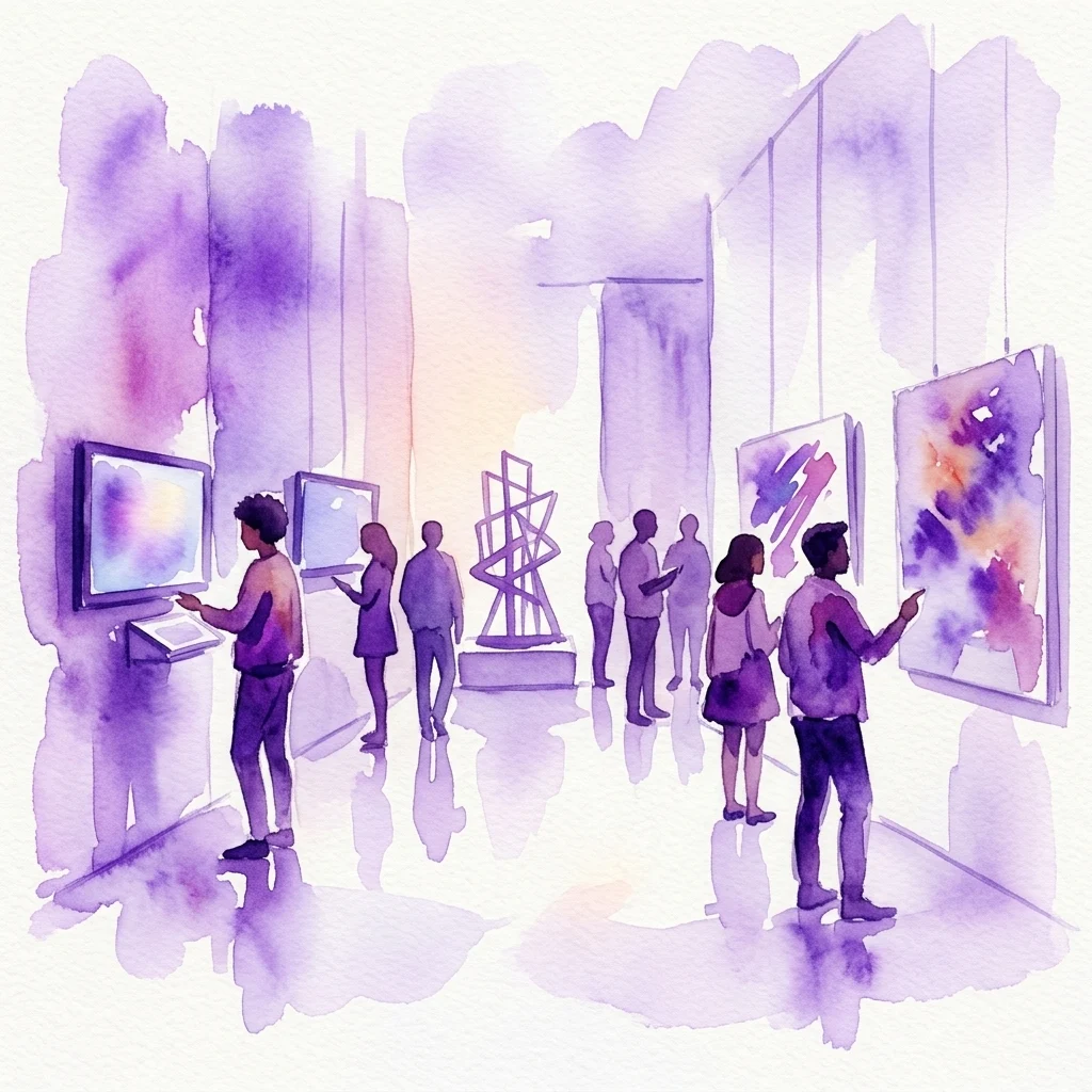 Ilustracja akwarelowa przedstawiająca młodych artystów i gości na Biennale UMPRUM — Pokolenie Z, oglądających cyfrowe dzieła sztuki i instalacje w nowoczesnej przestrzeni galeryjnej.