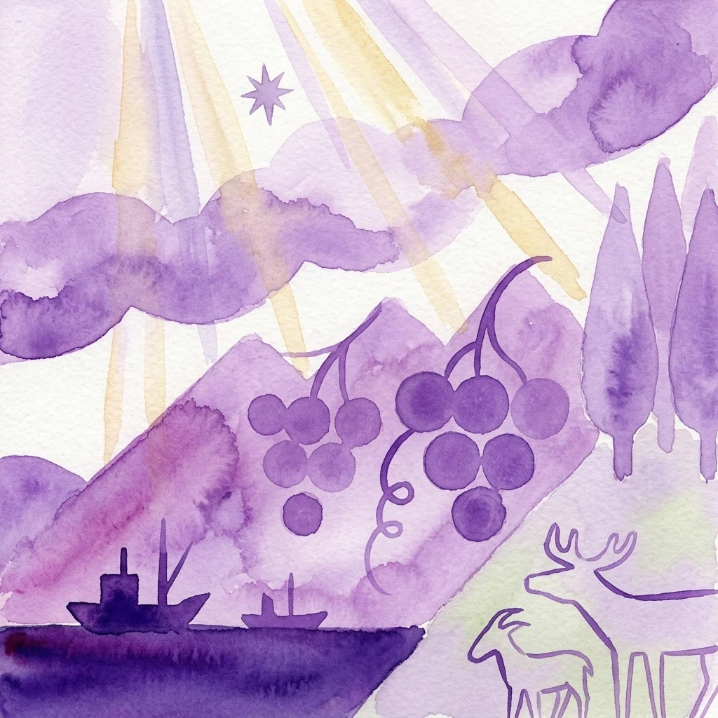 A watercolor artwork featuring purple grapes, ships, a star, and animals, inspired by Václav Sokol's symbolic motifs of abundance, light, and nature.