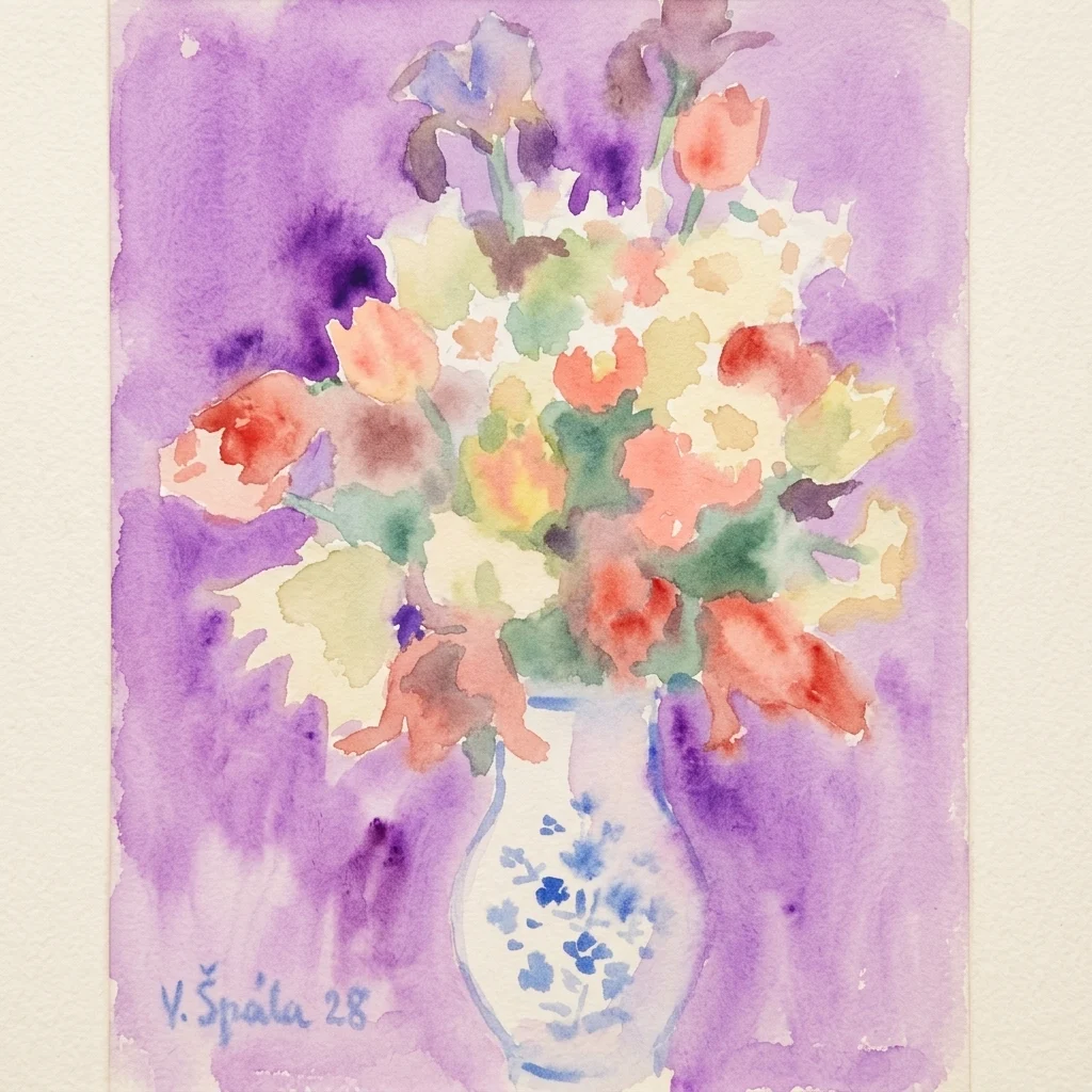 Acuarela de flores coloridas en un jarrón azul y blanco de V. Špála, firmada 'V. Špála 28', sobre un fondo morado.