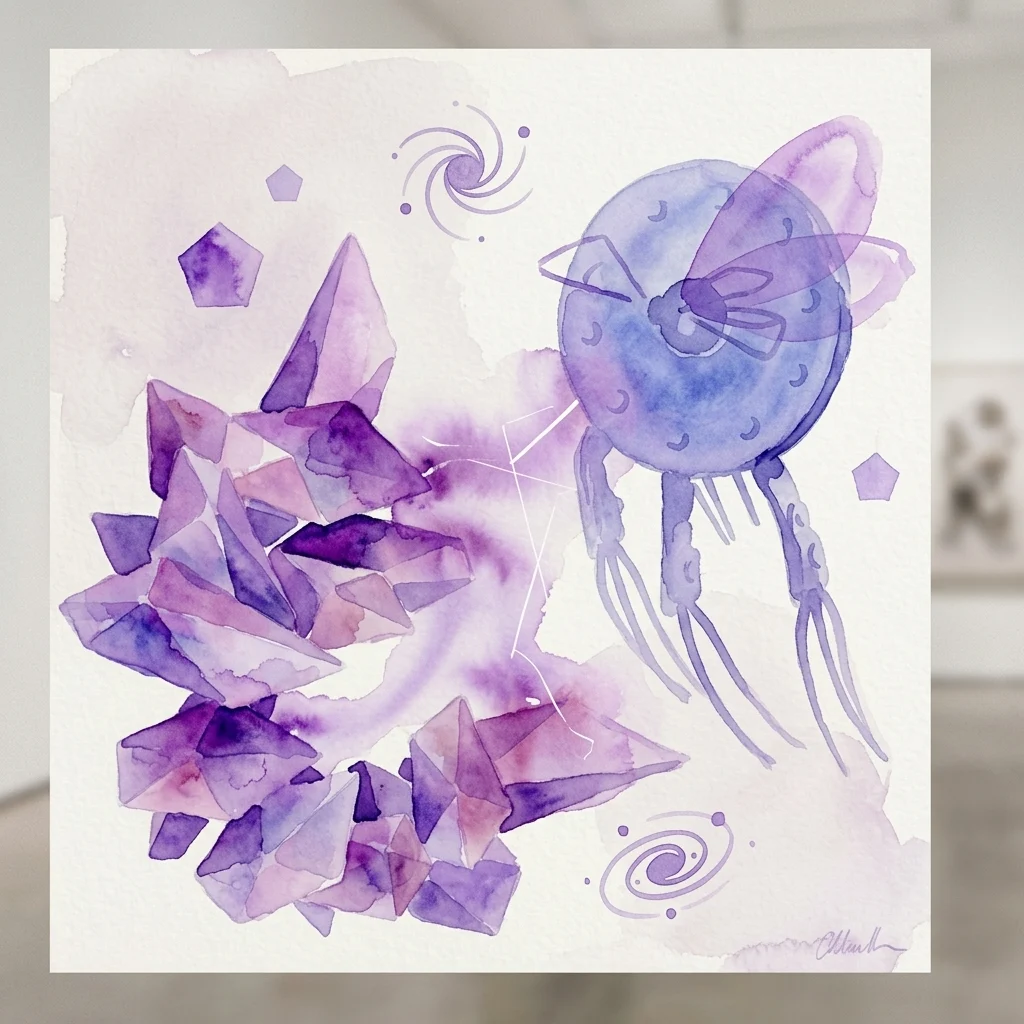 Acuarela que presenta formaciones cristalinas púrpuras y una criatura alada azul con motivos en espiral, evocando temas de naturaleza, espacio y exploración científica.