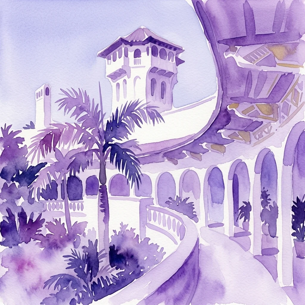Ilustración en acuarela de tonos púrpuras de una lujosa finca de estilo mediterráneo que presenta una torre central, columnatas arqueadas y frondosas palmeras, representando el diseño de Mar-a-Lago de Joseph Urban.