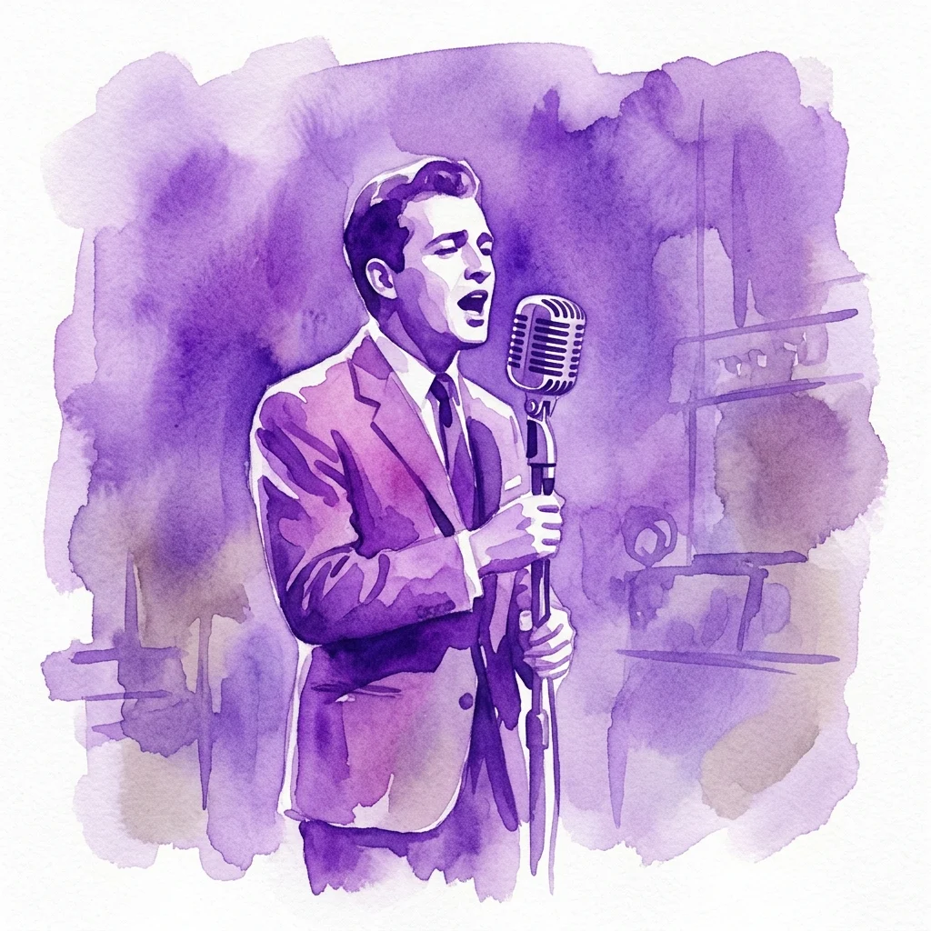 Waterverfillustratie van een man in een pak die in een vintage microfoon zingt, ter representatie van Walter Andreas Schwarz's Eurovision-inzending uit 1956, "Im Wartesaal zum großen Glück".