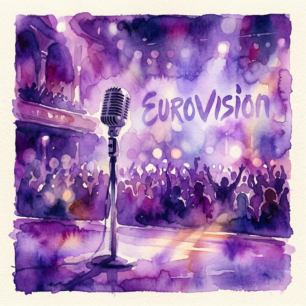 Ilustracja akwarelowa przedstawiająca zabytkowy mikrofon na scenie z napisem 'Eurovision' w tle, ukazująca austriacką propozycję na Eurowizję z 1957 roku 'Wohin, kleines Pony?' autorstwa Boba Martina.
