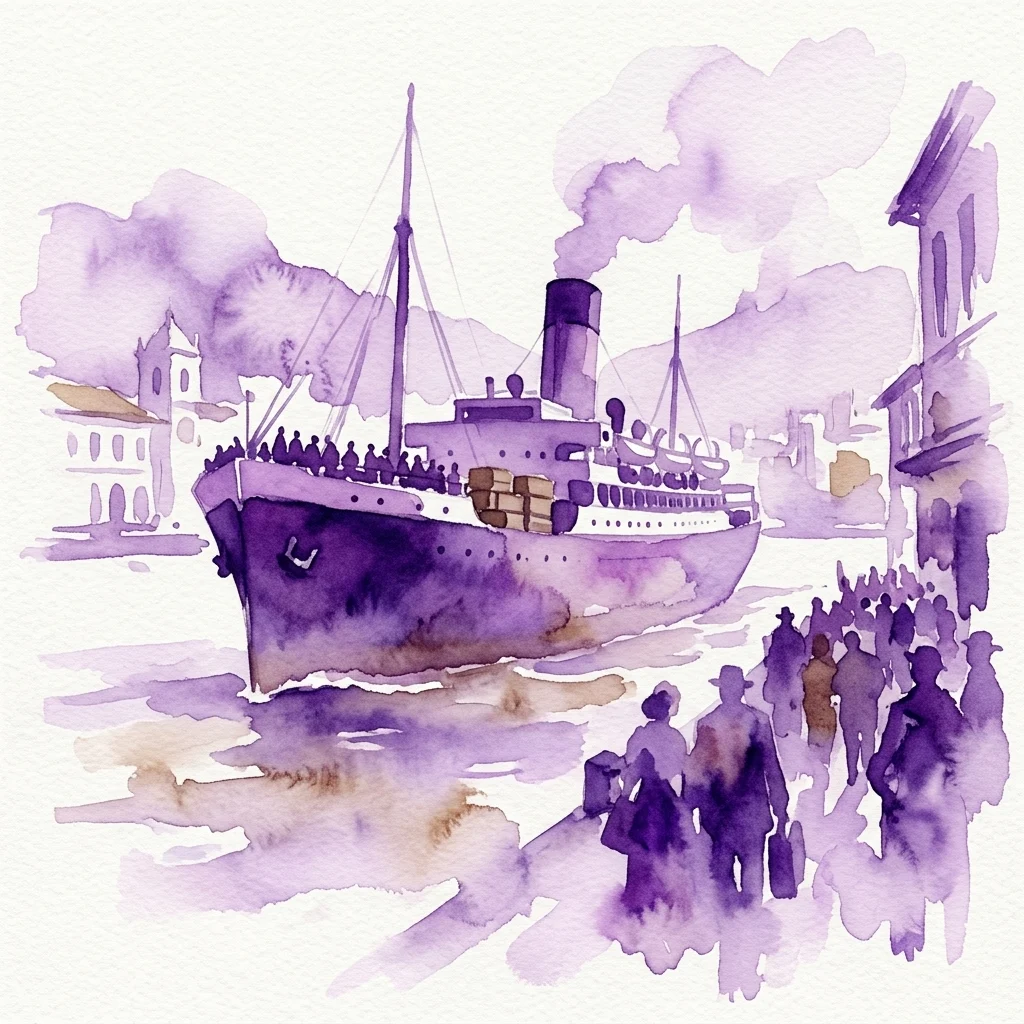 Ilustración en acuarela de tonos púrpuras de un barco de vapor llegando a un puerto con pasajeros en la cubierta y una multitud con equipaje esperando en el muelle, que representa la migración de mediados del siglo XX.