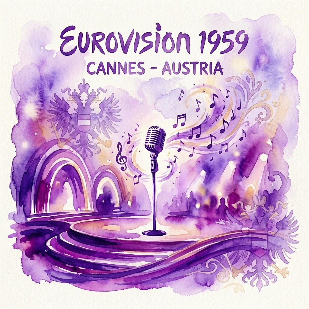 Ilustracja akwarelowa sceny Konkursu Piosenki Eurowizji z 1959 roku w Cannes, przedstawiająca zabytkowy mikrofon, nuty i austriackie motywy cesarskie, reprezentująca austriacki występ „Der k.und k. Kalypso aus Wien” autorstwa Ferry Grafa.