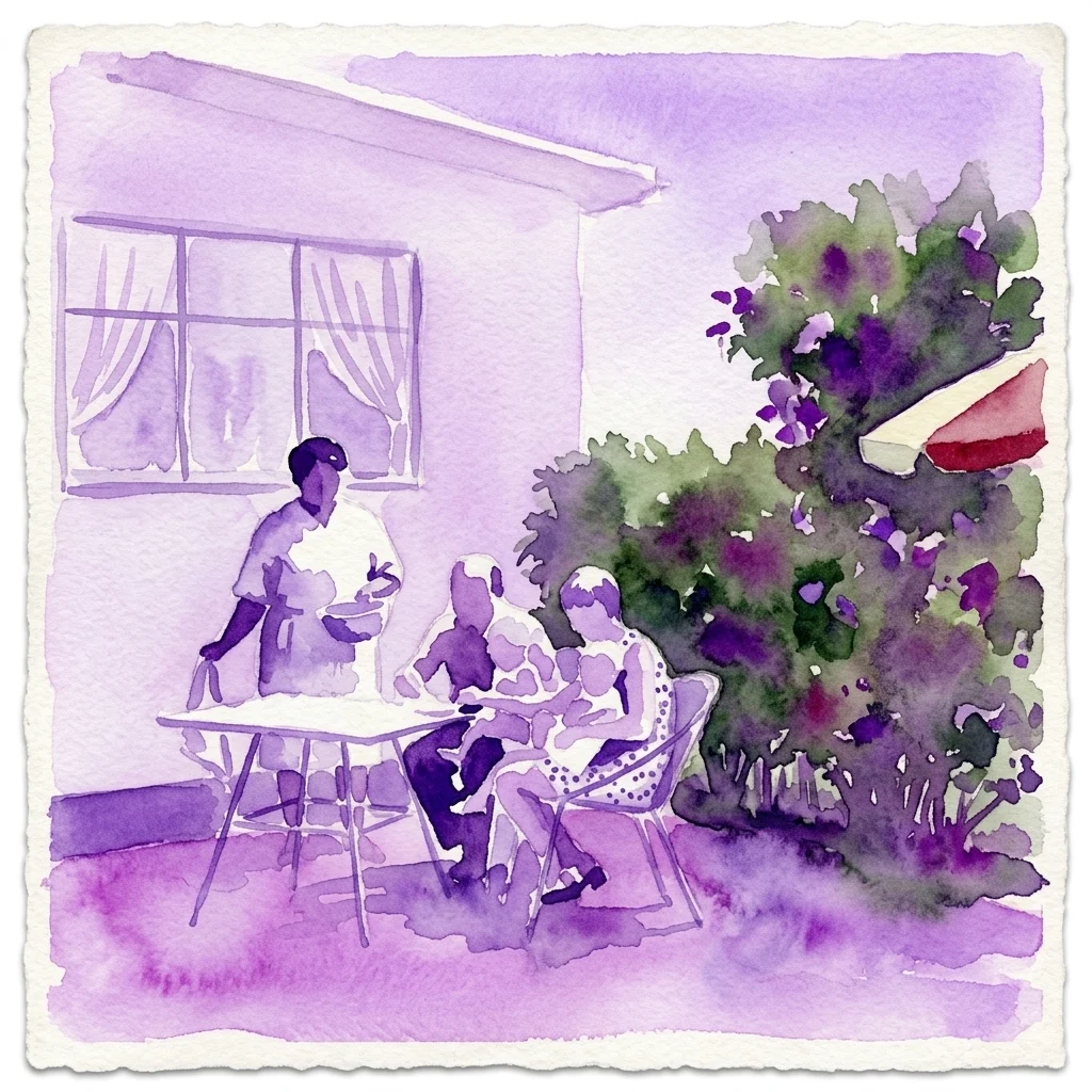 Ilustración en acuarela de color morado que representa a un grupo de personas cenando al aire libre en una mesa en un jardín, junto a una casa con un gran arbusto en flor.