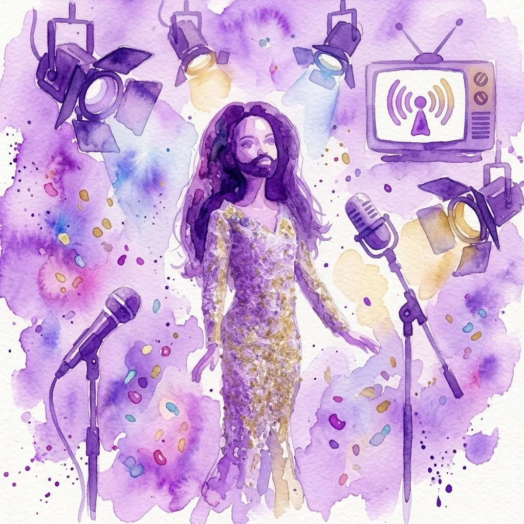 Aquarelillustratie van Dana International in een sprankelende gouden jurk, omringd door vintage podiumverlichting, microfoons en een retrotelevisie, als eerbetoon aan haar overwinning op het Eurovisiesongfestival in 1998.