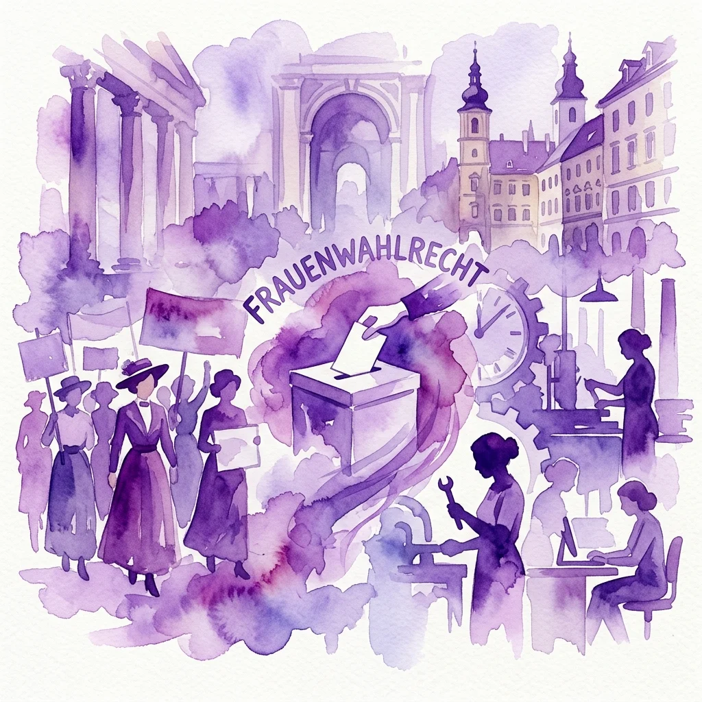 Ilustración en acuarela que representa los movimientos por los derechos de las mujeres en Austria, con sufragistas protestando, una urna electoral con el texto 'Frauenwahlrecht' y mujeres en diversos lugares de trabajo, sobre un fondo de edificios históricos.