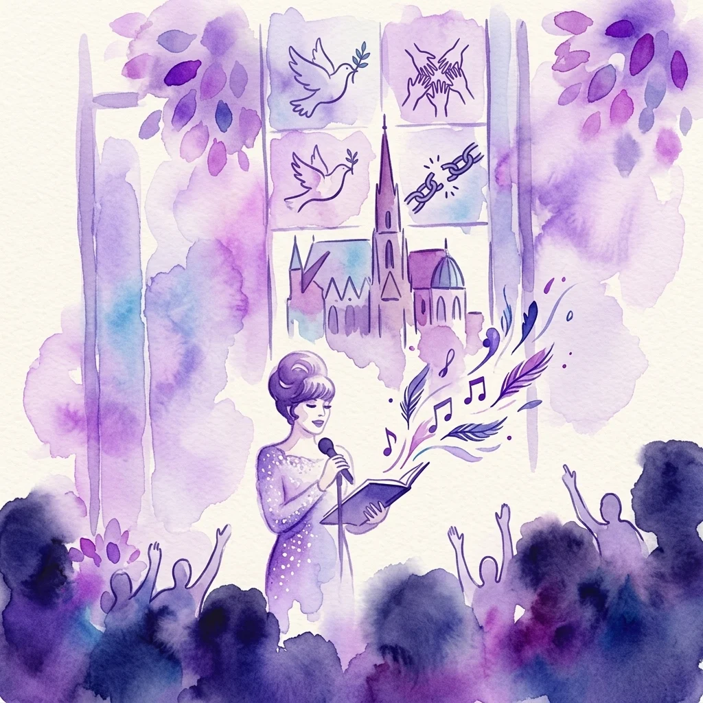 Ilustracja akwarelowa przedstawiająca wykonawcę śpiewającego do mikrofonu z nutami i piórami, otoczonego przez publiczność, z symbolicznymi elementami, takimi jak gołębie, dłonie i kościół w tle, reprezentująca wystawę "70 Lat Konkursu Piosenki Eurowizji".