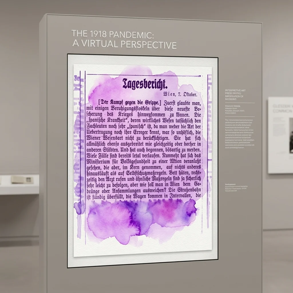 Museum display titled 'The 1918 Pandemic: A Virtual Perspective' featuring a 1918 German newspaper report on the Spanish flu with purple watercolor overlays.