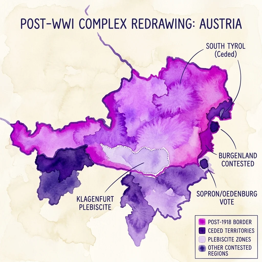 Historyczna mapa ilustrująca powojenne przemodelowanie granic Austrii po I wojnie światowej, pokazująca terytoria zbyte, strefy plebiscytowe i regiony sporne, takie jak Południowy Tyrol i Sopron/Odenburg.