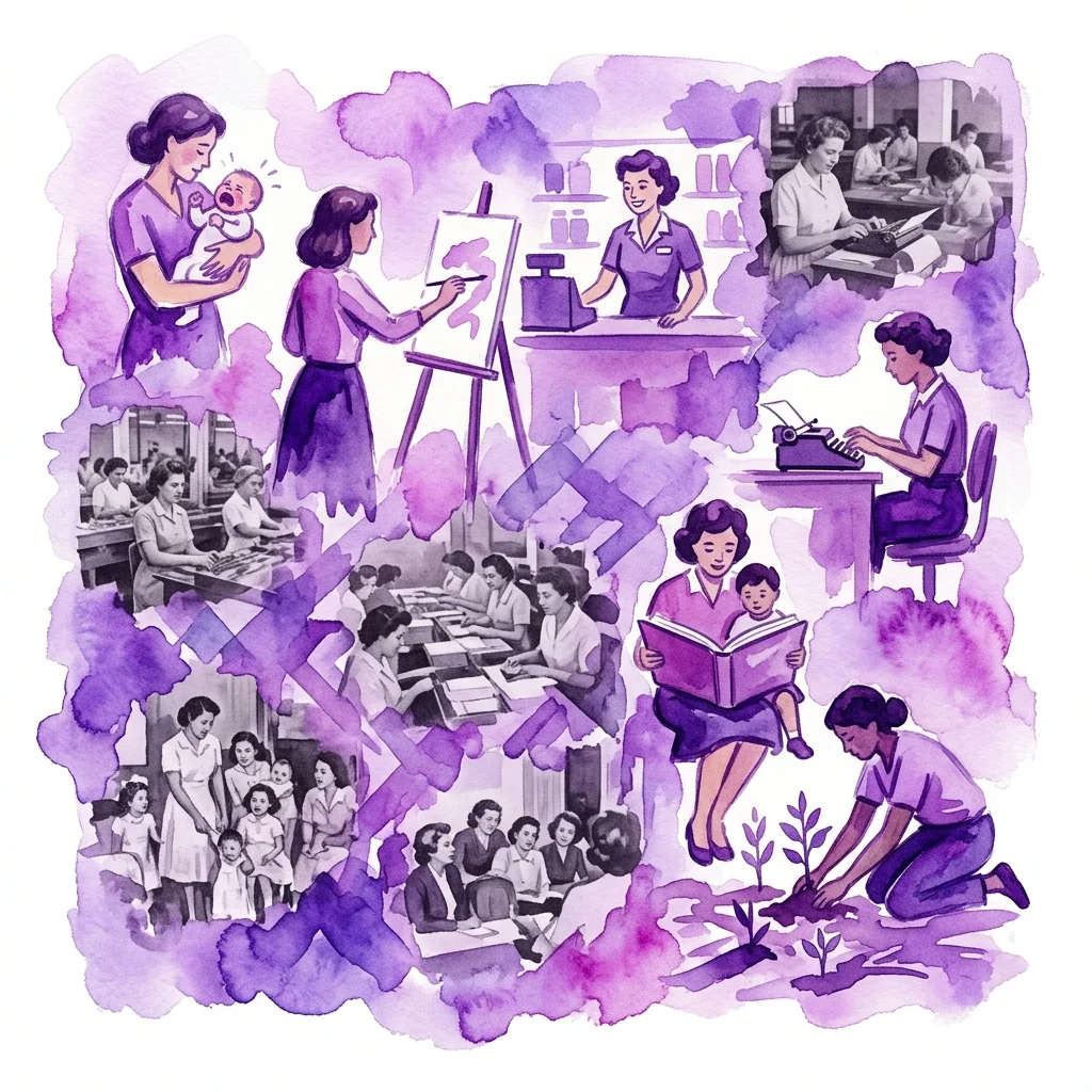 Una ilustración en acuarela que representa a mujeres en diversos roles: cuidando niños, trabajando en máquinas de escribir, enseñando y cuidando el jardín, con fotografías históricas de las décadas de 1950-1960 al fondo, representando la exposición 'Alles Arbeit. Frauen zwischen Erwerbs- und Sorgetätigkeit, Fotoarchiv Blaschka 1950–1966'.