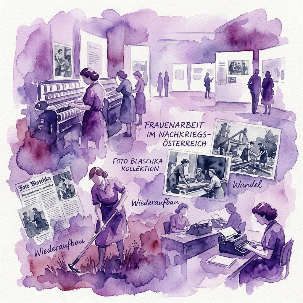 Watercolor illustration of a museum exhibition on women's work in post-war Austria, featuring archival photos from the Foto Blaschka collection, with scenes of women in various jobs and text labels in German.