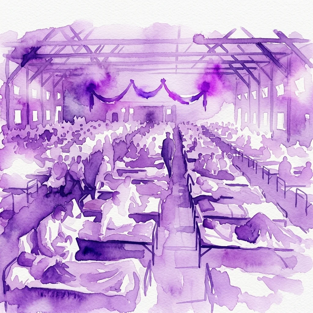 Purple watercolor illustration showing a large hall filled with rows of cots and patients, representing a makeshift infirmary during the 1918 influenza pandemic.