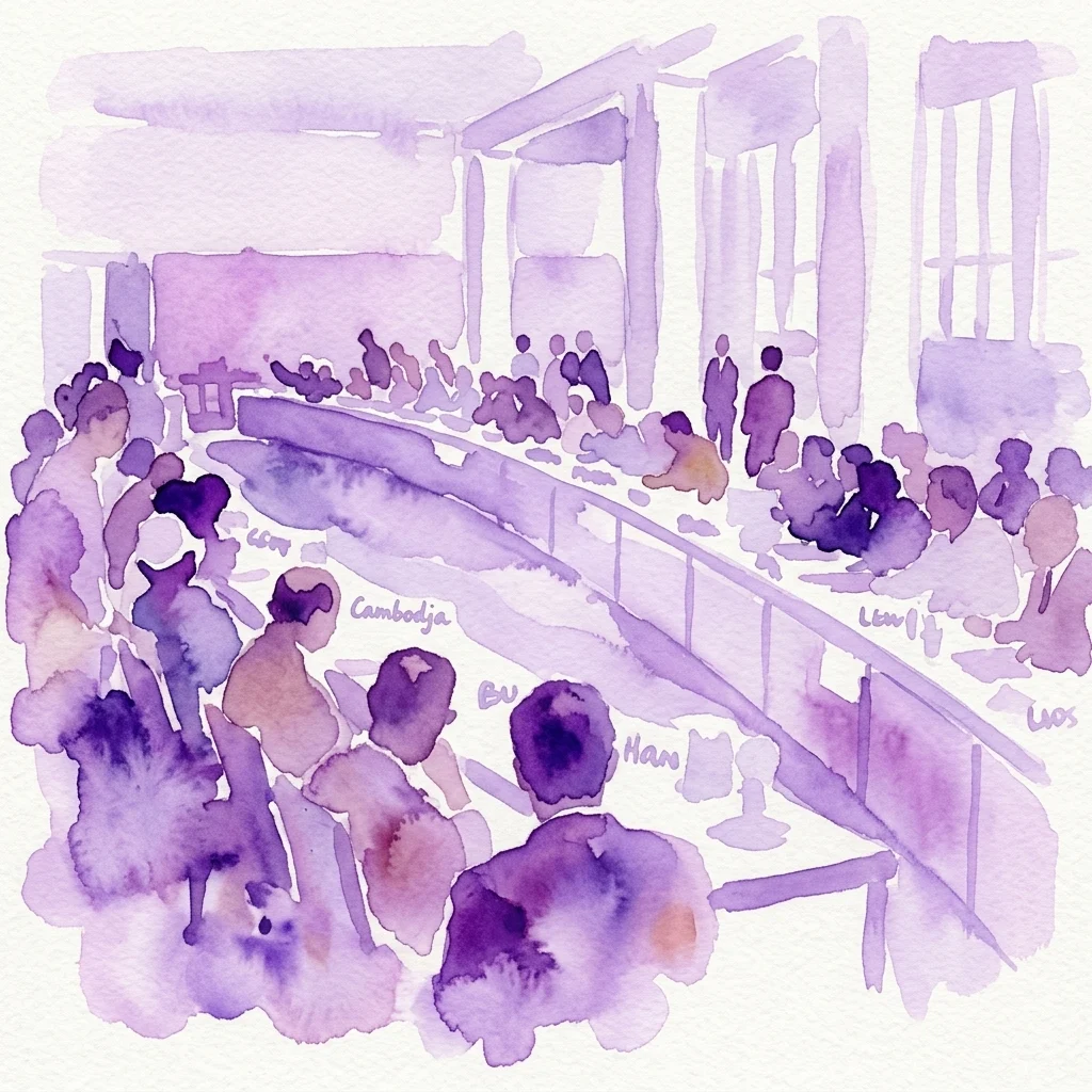 Fioletowa ilustracja akwarelowa przedstawiająca delegatów siedzących wokół dużego okrągłego stołu podczas Konferencji w Bandungu w 1955 roku, z widocznymi odręcznie zapisanymi nazwami krajów.
