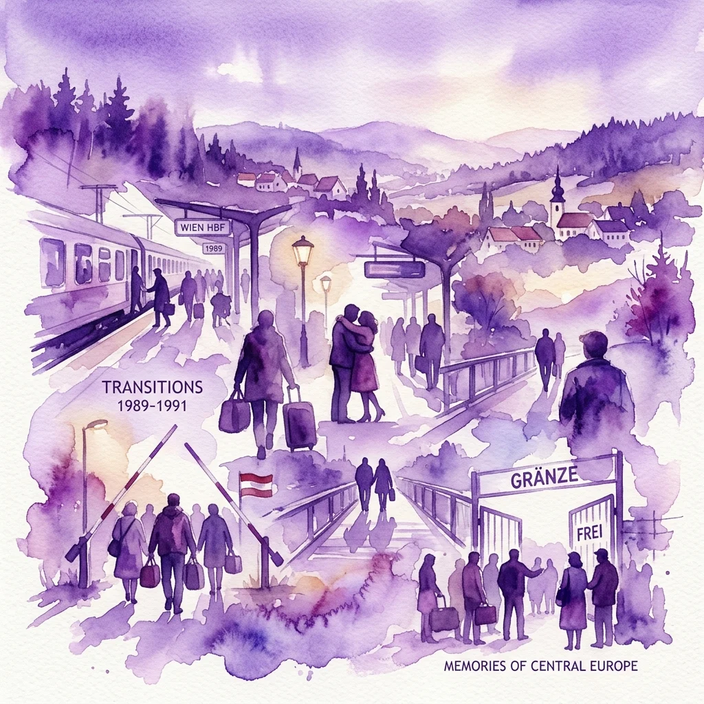 Ilustracja akwarelowa przedstawiająca sceny przejścia i przekraczania granic w Europie Środkowej w latach 1989-1991, w tym dworzec kolejowy w Wiedniu i ludzi przekraczających punkt kontrolny z napisem 'GRÄNZE FREI'.