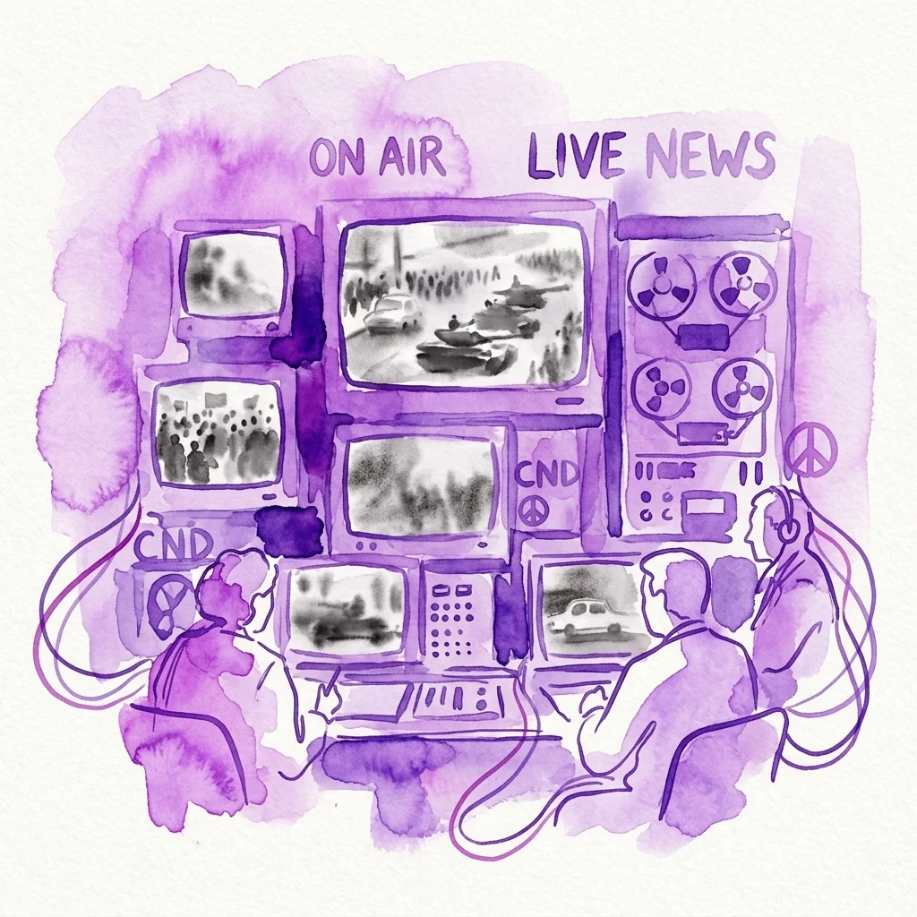 Purple watercolor illustration of a vintage TV news control room with 'ON AIR' signs, monitors showing tanks and protests, peace symbols, and operators.