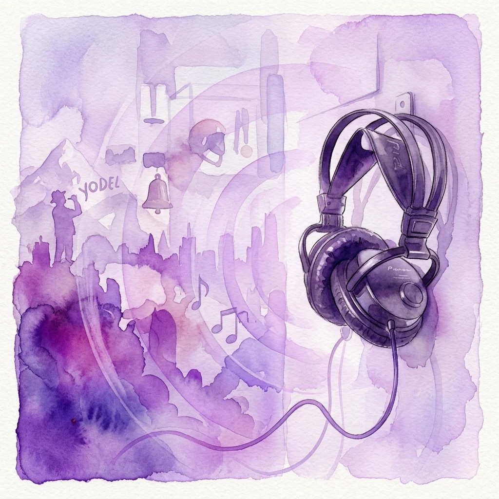 Waterverfillustratie van een Pioneer koptelefoon met geluidsgolven, bergen, een bel, muzieknoten en een wandelaar, die de Oostenrijkse Soundmarks audiocompilatie representeert.