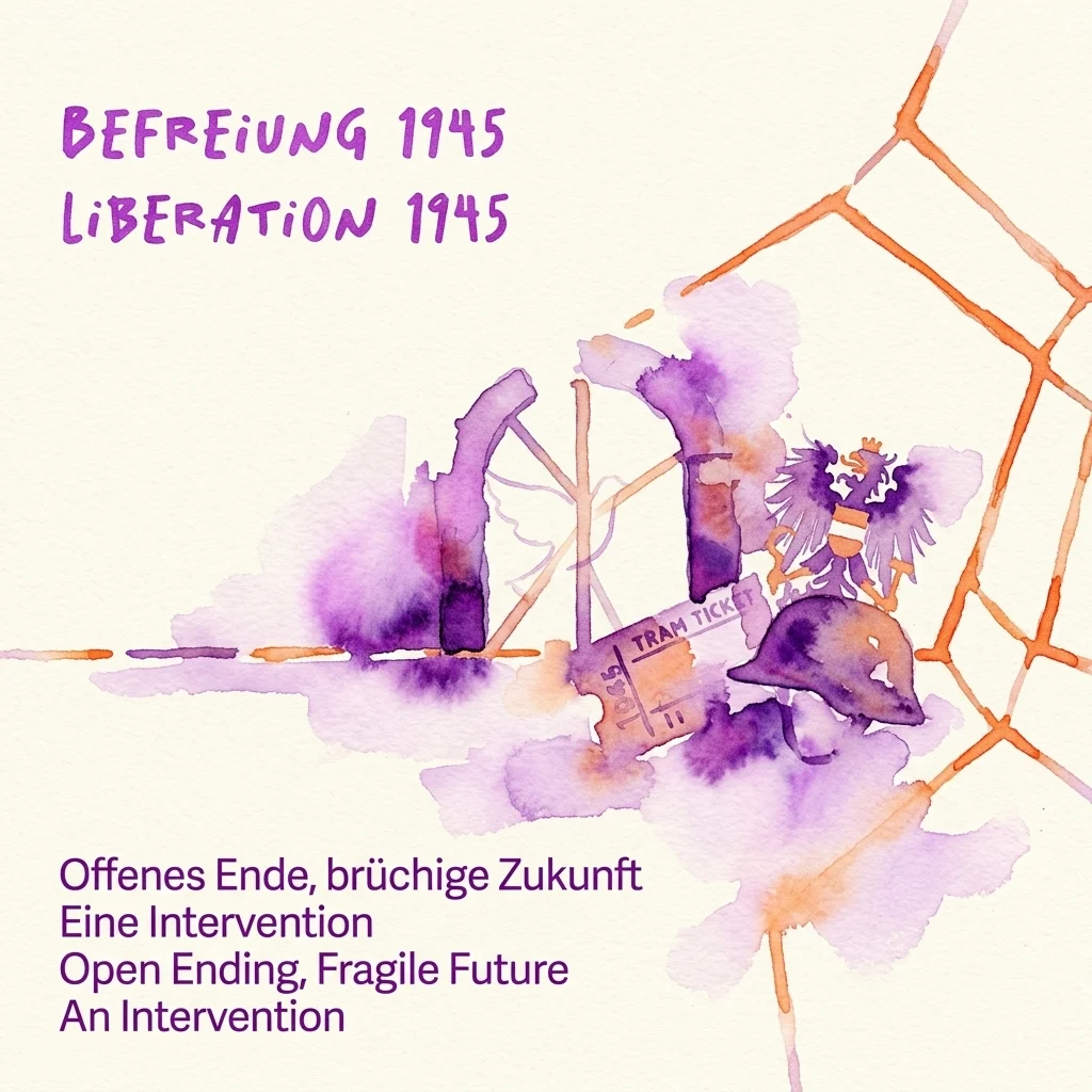 Obra en acuarela para la exposición 'Befreiung 1945 – Liberación 1945', con elementos abstractos morados y naranjas, un billete de tranvía y un casco, simbolizando la transición de posguerra en Austria.