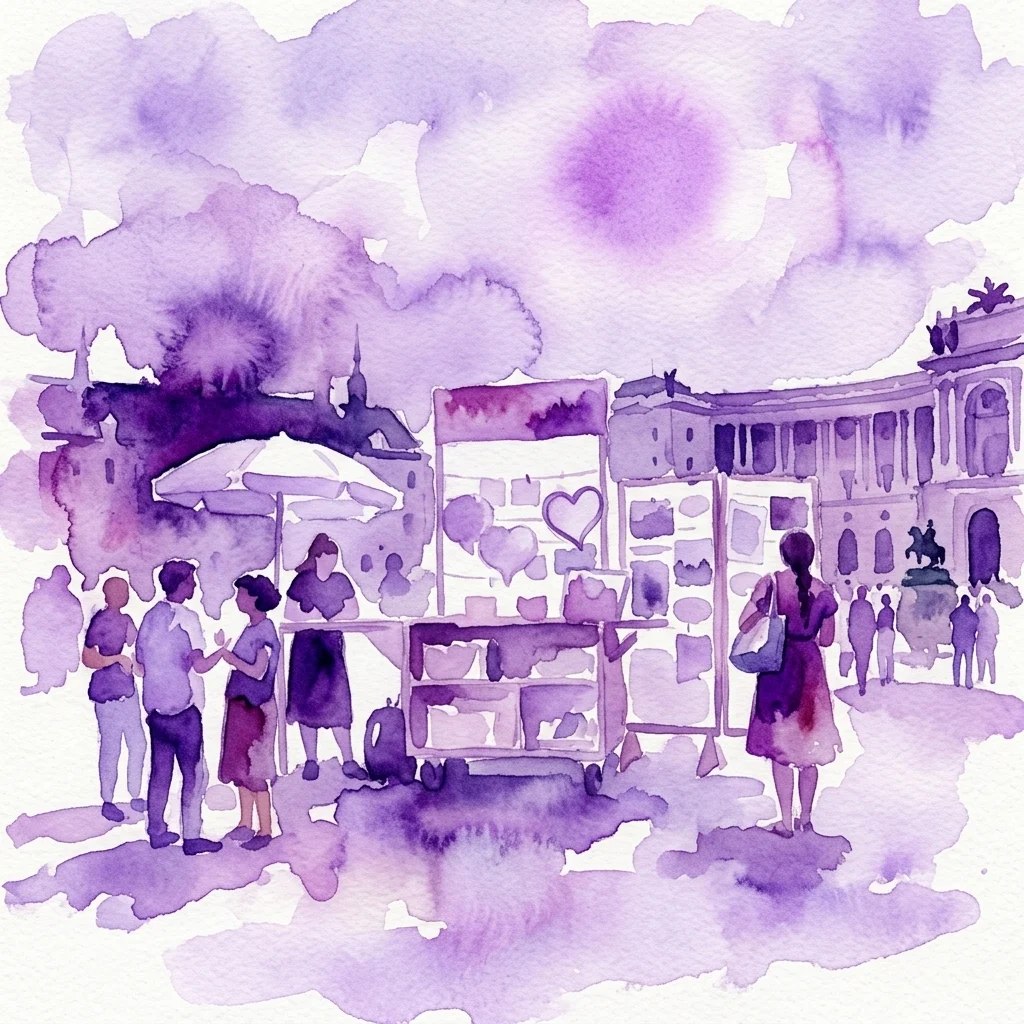 Ilustracja akwarelowa Heldenplatz z ludźmi biorącymi udział w wystawie plenerowej, z panelami wystawienniczymi i tłem zabytkowego budynku pod niebem o fioletowym odcieniu.