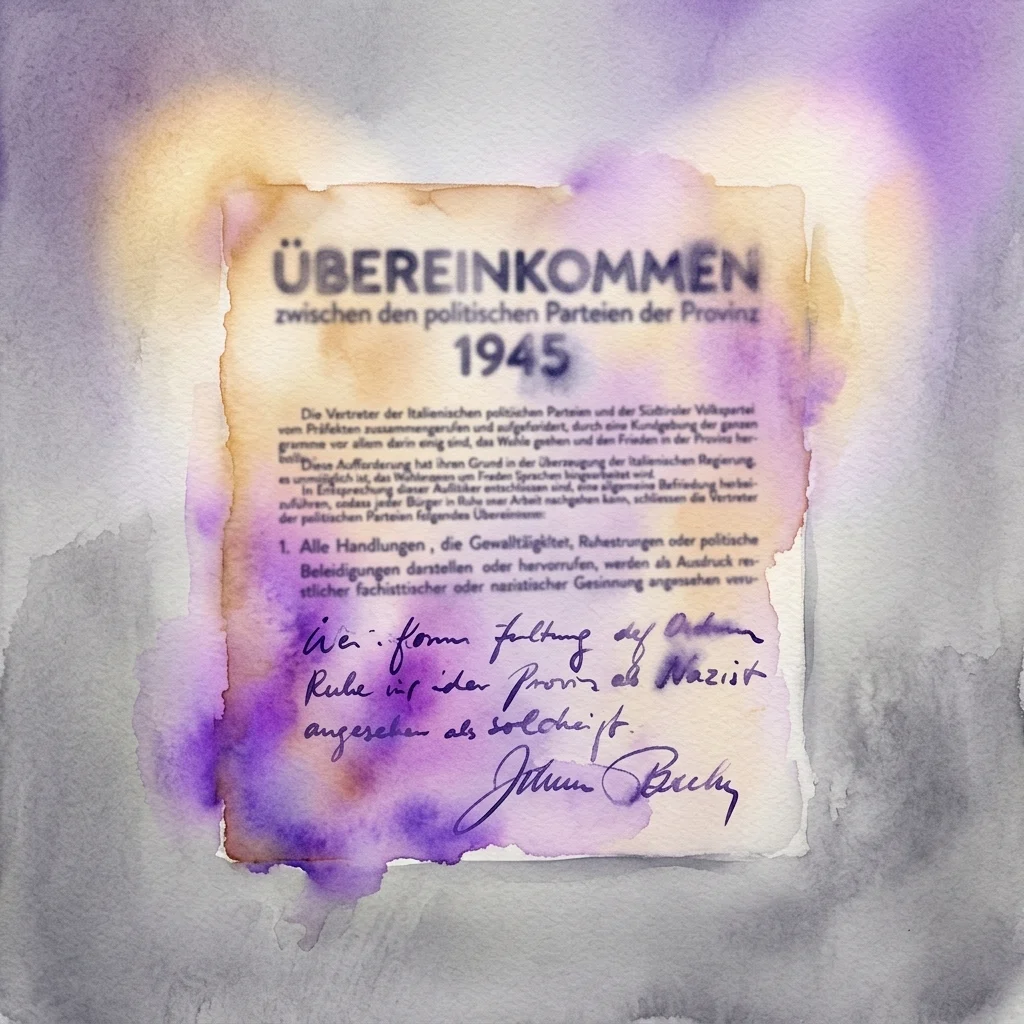 Watercolor illustration of the 1945 Bolzano Agreement document, showing typed German text and a handwritten signature on aged paper with purple washes.