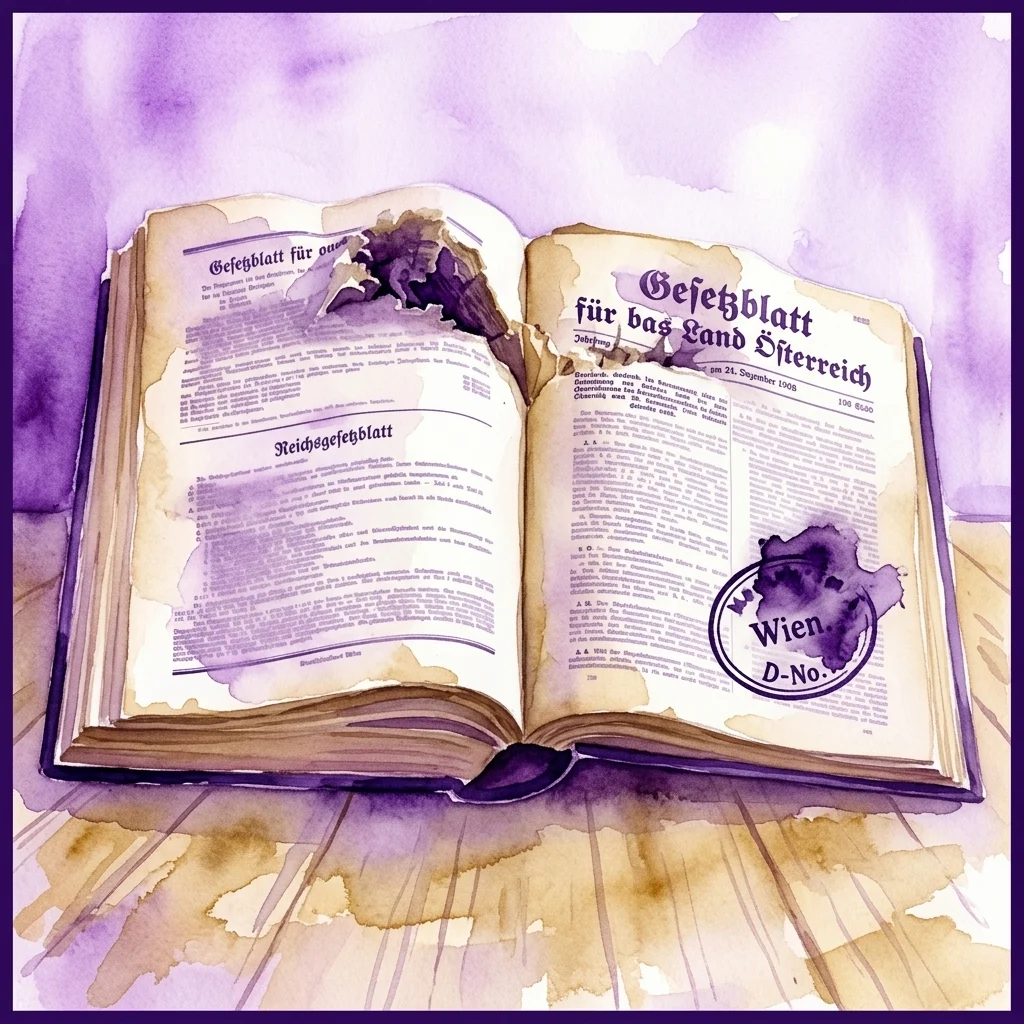 Ilustración en acuarela de un libro abierto que muestra documentos históricos titulados 'Gesetzblatt für das Land Österreich' y 'Reichsgesetzblatt' con manchas de tinta morada.