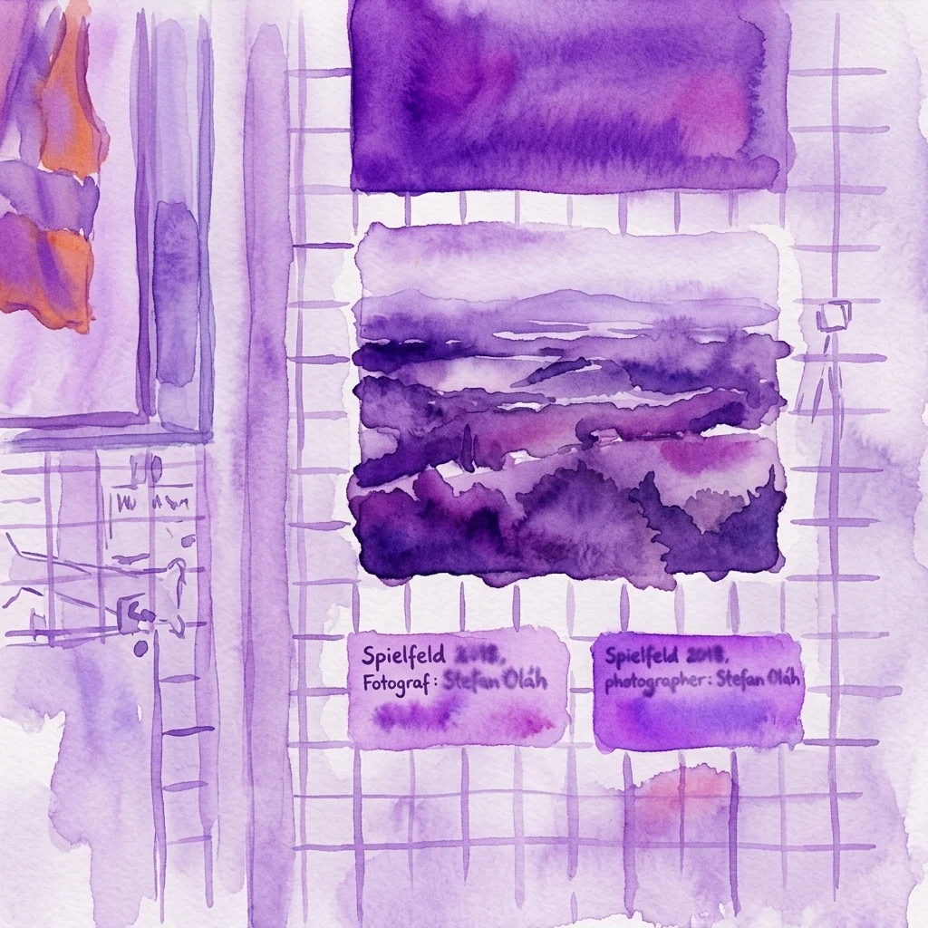 Waterverfschilderij met een raster van paarse en oranje abstracte vormen, met de tekst 'Spielfeld 2018, Fotograf: Stefan Oláh' en 'Spielfeld 2018, photographer: Stefan Oláh'.