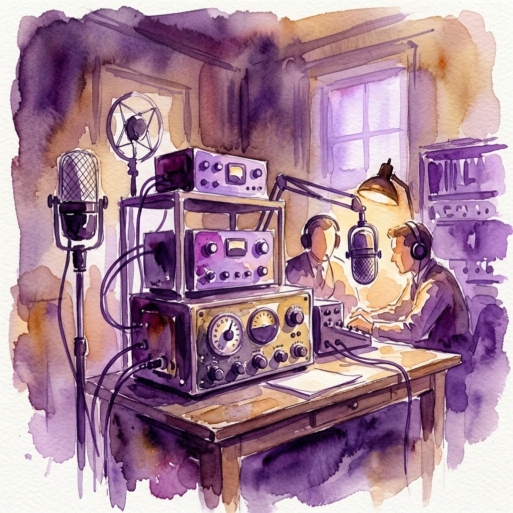 Watercolor illustration of a vintage radio broadcasting studio with two men wearing headphones, microphones, and stacked radio equipment on a desk.