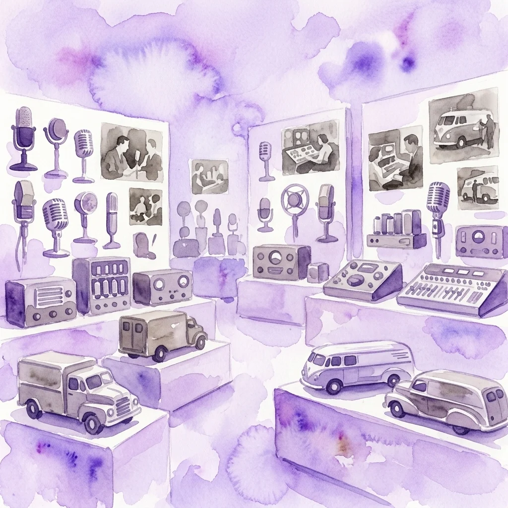Ilustración en acuarela de color violeta de una galería de museo que exhibe micrófonos antiguos, radios, furgonetas de radiodifusión y fotografías históricas para una exposición sobre la radio.