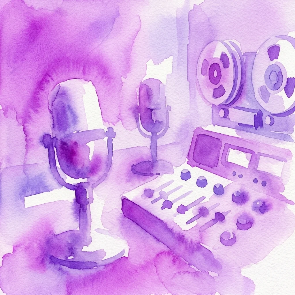 Fioletowa ilustracja akwarelowa przedstawiająca studio radiowe w stylu retro z mikrofonami, konsolą mikserską i magnetofonem szpulowym.