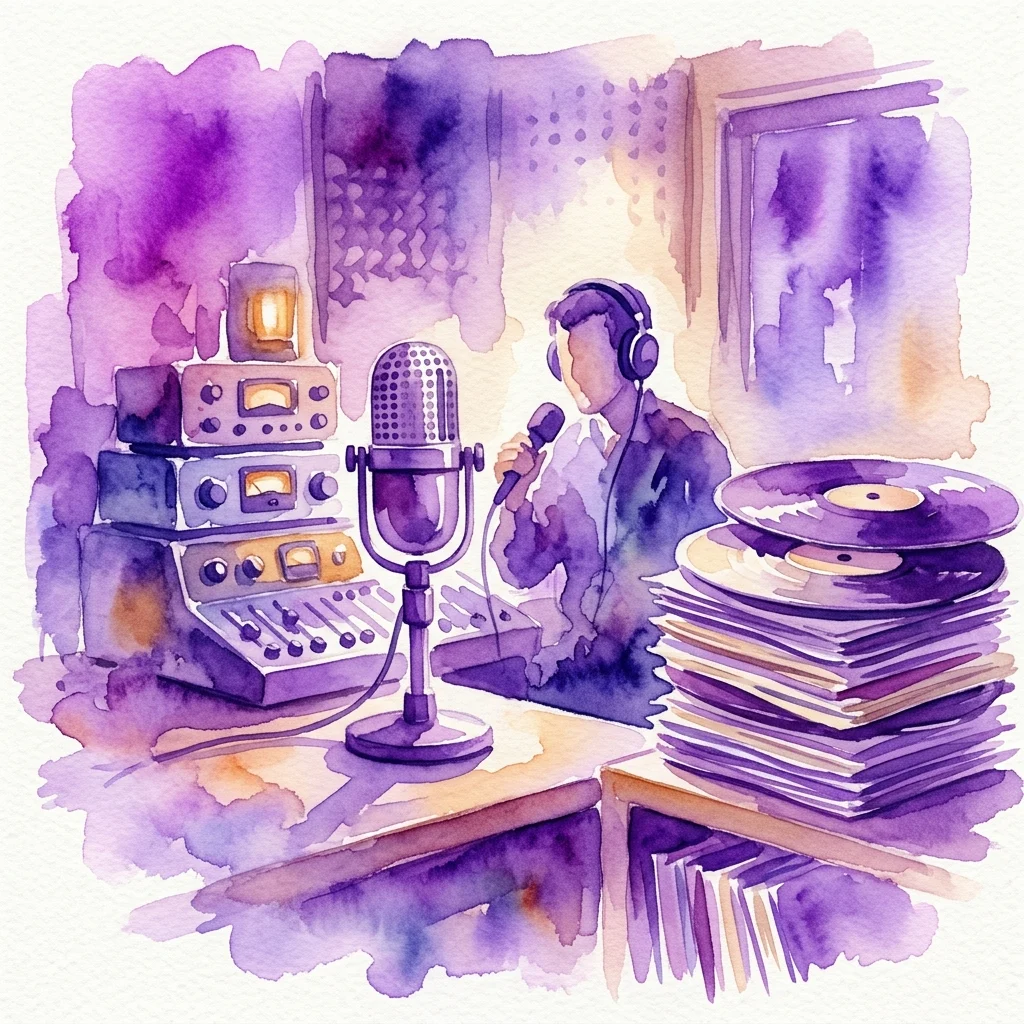 Purple watercolor illustration of a vintage radio studio with a broadcaster, classic microphone, audio mixing equipment, and a stack of vinyl records.
