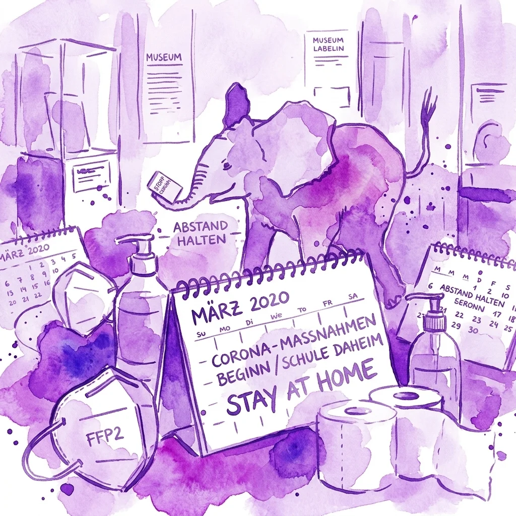 Una ilustración en acuarela de objetos relacionados con la pandemia, incluyendo mascarillas FFP2, desinfectante de manos, papel higiénico y calendarios de marzo de 2020, expuestos en un entorno museístico con textos como 'Abstand halten' y 'Stay at Home'.