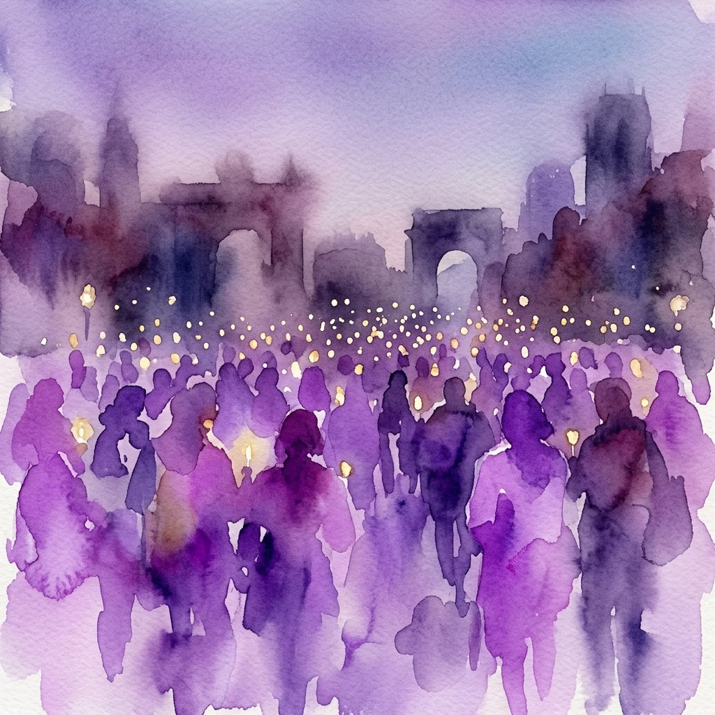Ilustracja akwarelowa przedstawiająca duży tłum trzymający świece i światła o zmierzchu, symbolizująca protest Das Lichtermeer z 1993 roku przeciwko rasizmowi i wykluczeniu w Austrii.