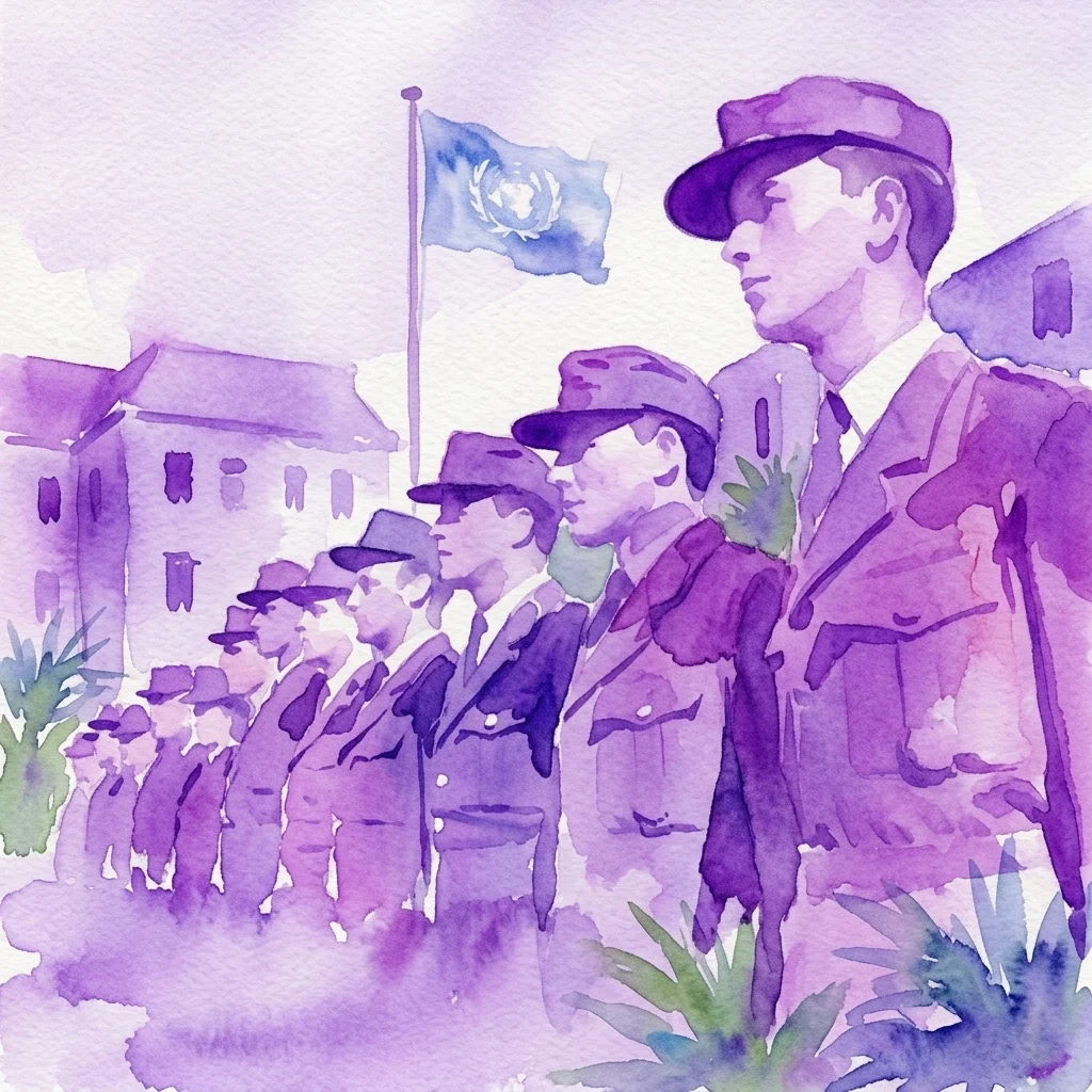 Purple watercolor illustration showing a row of uniformed UN peacekeeping soldiers standing in formation with the United Nations flag in the background.