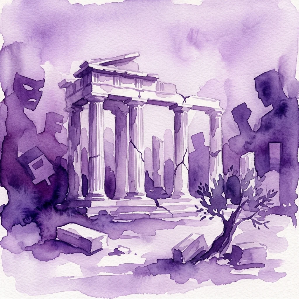 A watercolor illustration of classical columns in ruins, symbolizing democracy under threat, with shadowy figures and cracked architecture in a muted purple palette.