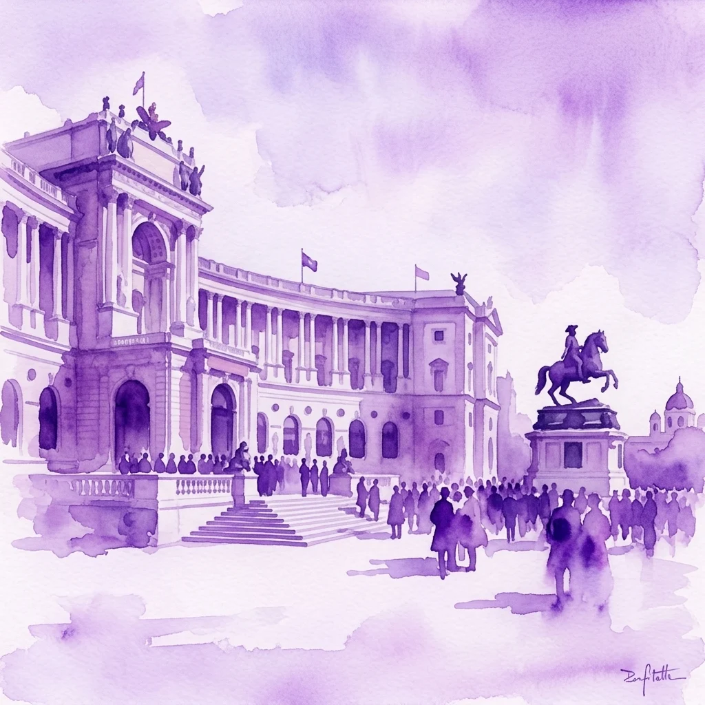 Ilustracja akwarelowa tarasu Altan w Neue Burg w Wiedniu, przedstawiająca historyczne zgromadzenie z tłumem i posągiem, odzwierciedlające jego rolę w wydarzeniach publicznych i historii politycznej XX wieku.
