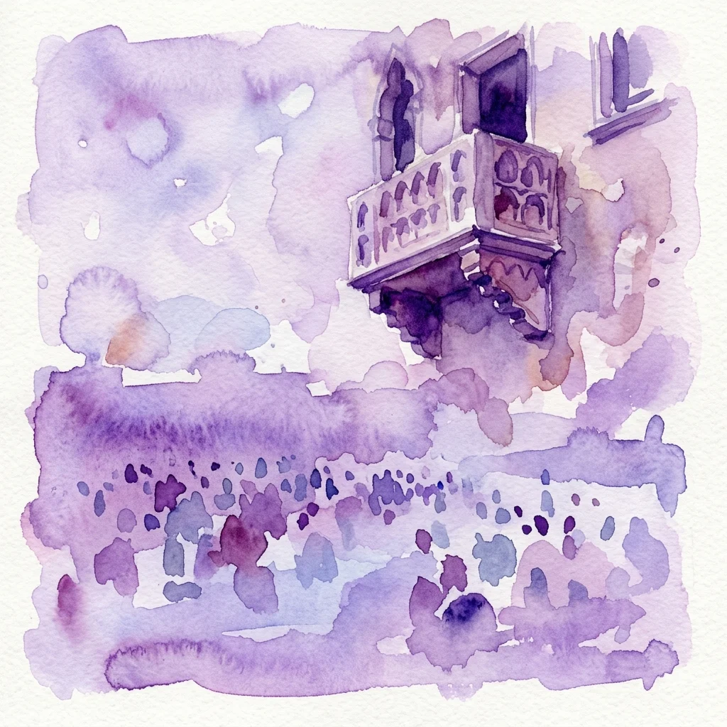 Ilustracja akwarelowa zabytkowego balkonu z widokiem na plac publiczny, symbolizująca debatę i przyszłość pamięci historycznej na wiedeńskim Heldenplatz.