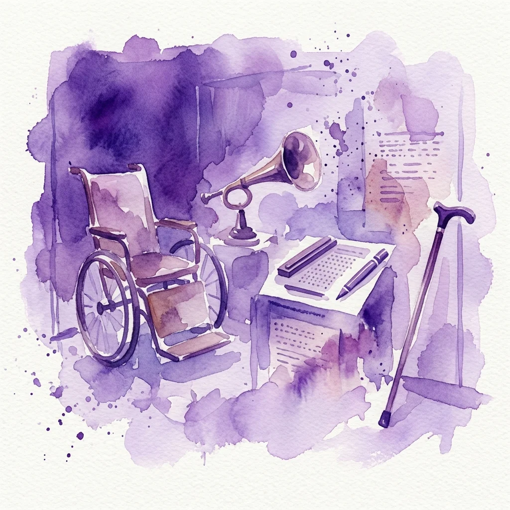 Watercolor illustration of historical artifacts including a wheelchair, crutches, a gramophone, and braille materials, representing the Disability History Project at the House of Austrian History.