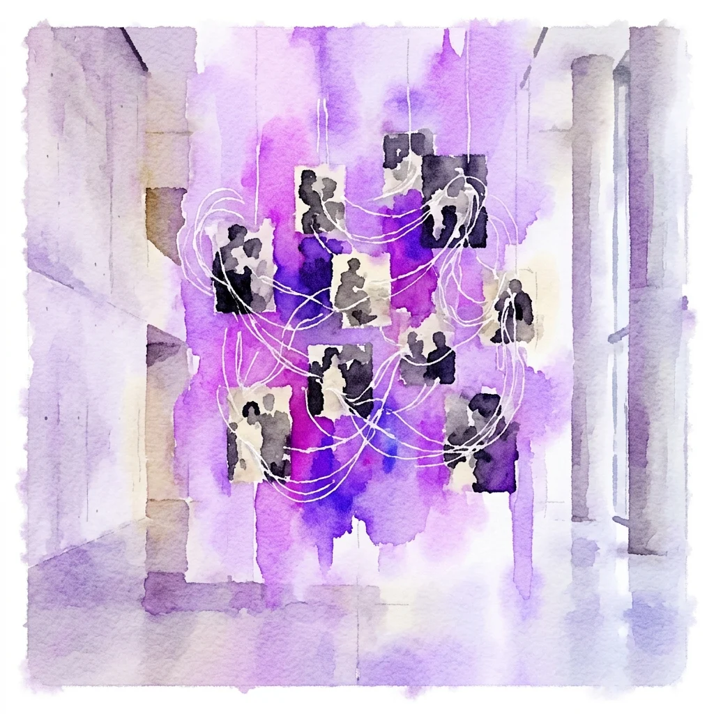 Artistic installation of black and white photographs of people, intricately embroidered with white thread, suspended in a museum space with purple watercolor background, commemorating 67 individuals murdered in Hartheim in 1940.