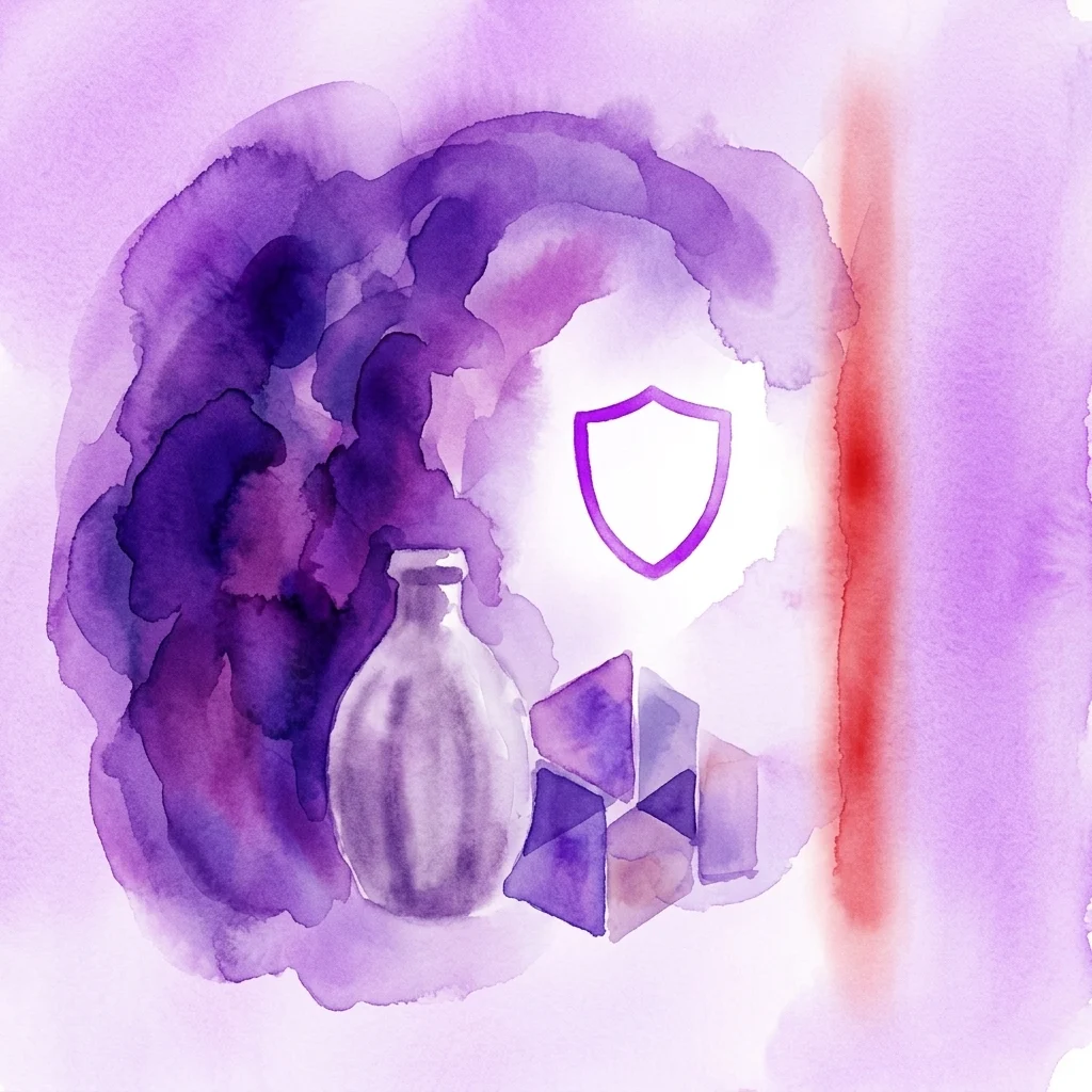 Ilustracja akwarelowa przedstawiająca białą butelkę, geometryczne kształty i fioletowy herb na fioletowo-czerwonym tle, symbolizująca motywy ochrony i transformacji.