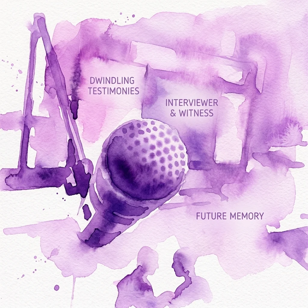 Ilustración en acuarela púrpura de un micrófono con los elementos de texto 'Dwindling Testimonies', 'Interviewer & Witness' y 'Future Memory', que representa una exposición sobre testimonios de supervivientes del Holocausto.