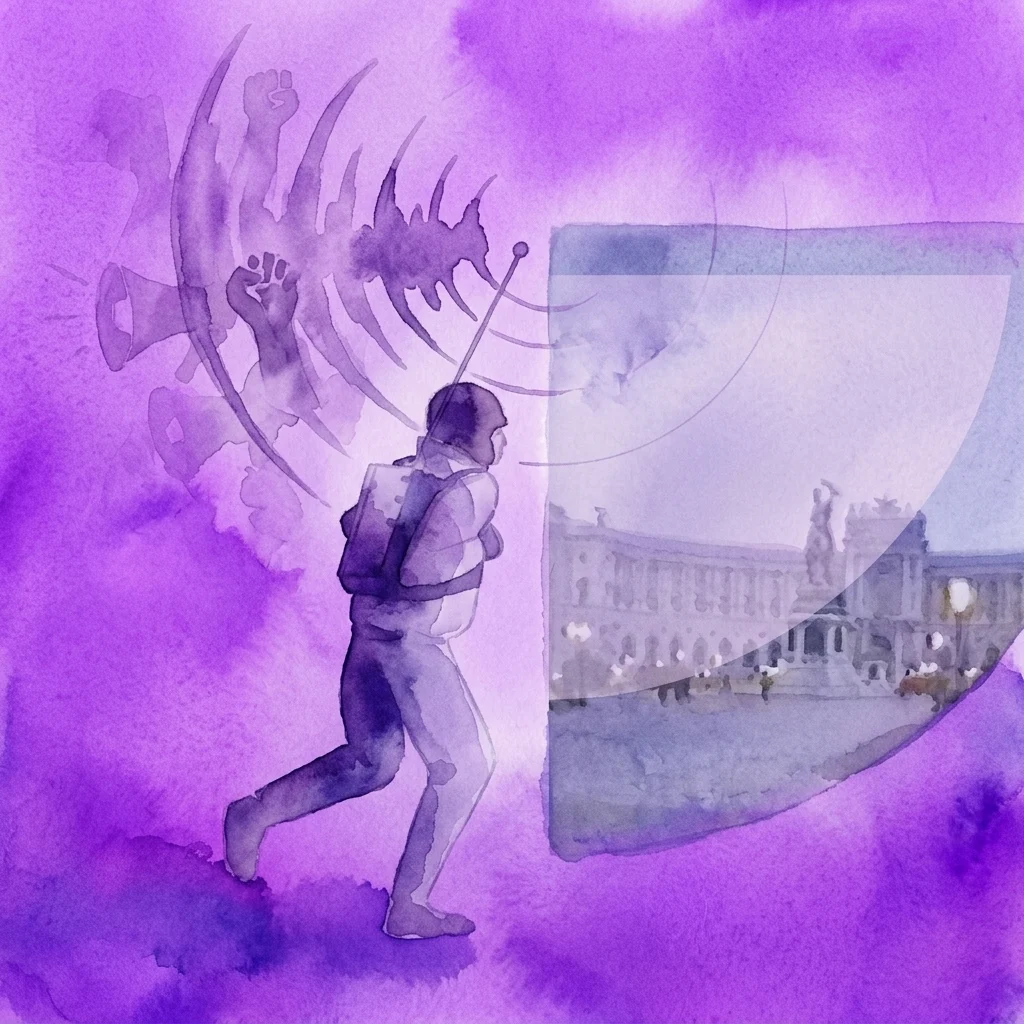 A watercolor illustration of a person with a radio antenna on their back, running toward a translucent window showing the Neue Hofburg in Vienna, with abstract sound waves and raised fists symbolizing protest and propaganda.