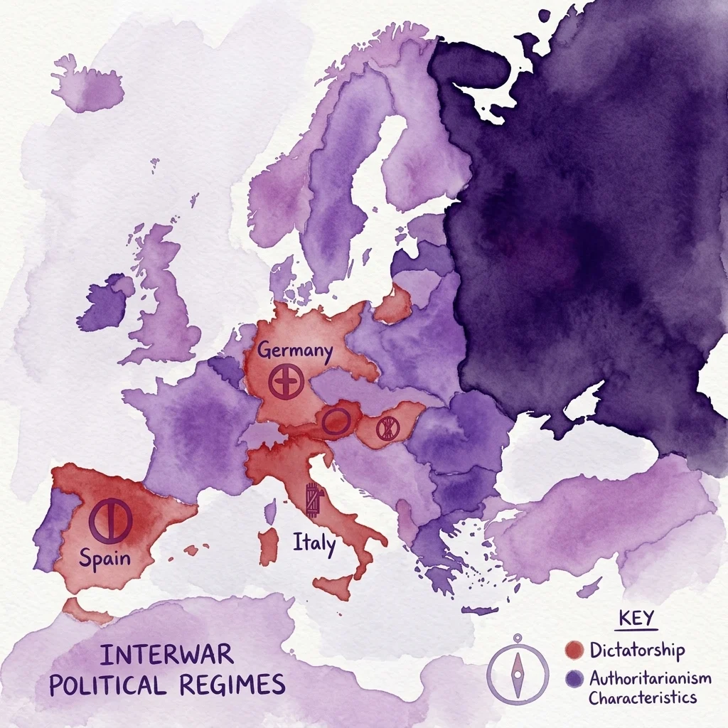 Mapa Europy w stylu akwareli przedstawiający reżimy polityczne z okresu międzywojennego, z krajami takimi jak Niemcy, Włochy i Hiszpania zaznaczonymi na czerwono w celu wskazania dyktatur i oznaczonymi symbolami charakteryzującymi cechy autorytarne.