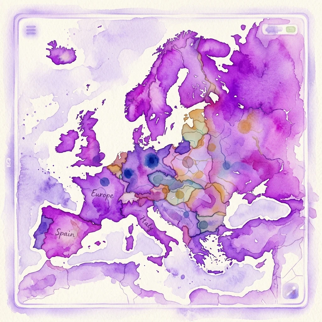 A stylized watercolor map of Europe displayed on a digital screen, featuring color-coded regions and labels for Spain and Italy, illustrating historical political zones.