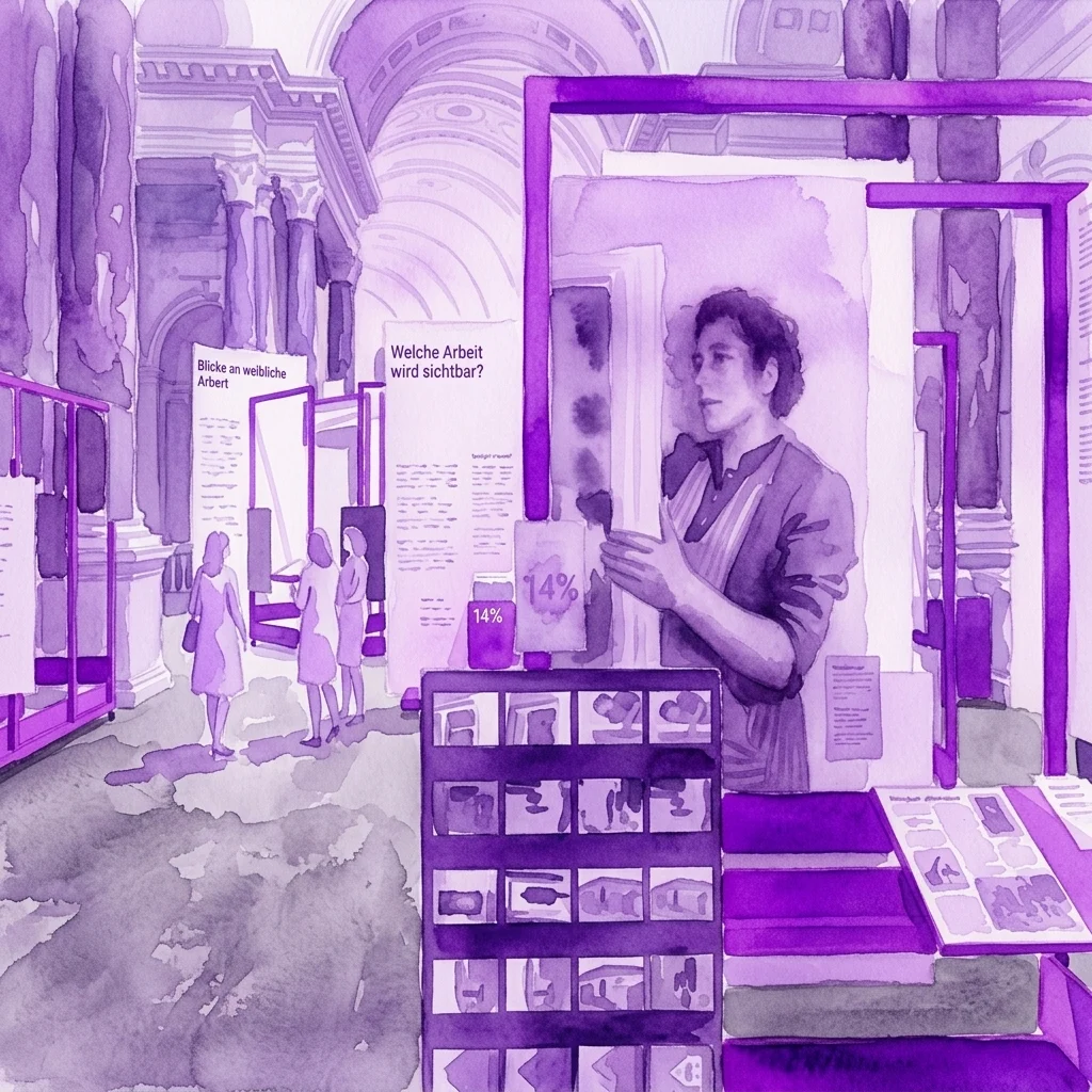 Illustratie van een museumexpositie over vrouwentewerkstelling, met vintage foto's uit de jaren '50-'60, waarbij bezoekers displays over werk en zorg verkennen.