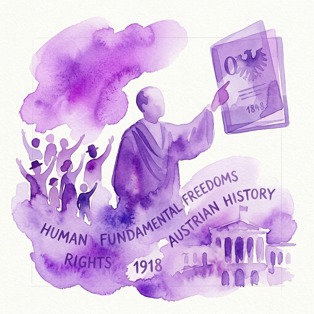 Ilustración en acuarela que representa los derechos humanos y las libertades fundamentales en la historia de Austria, con una figura central sosteniendo un documento de 1848, una multitud de personas y un edificio con los años 1918 y 1848, todo en tonos púrpuras.