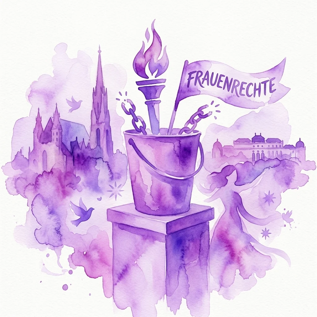 Fioletowa ilustracja akwarelowa przedstawiająca wiadro z pochodnią i zerwanymi łańcuchami, flagę z napisem 'Frauenrechte' oraz sylwetki austriackich zabytków, symbolizujące prawa kobiet i wzmocnienie pozycji kobiet.