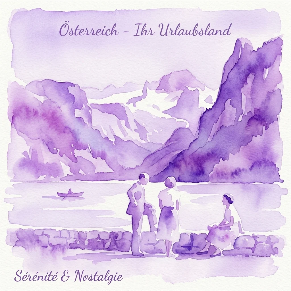 Een paarse aquarelillustratie van Oostenrijkse berglandschappen met toeristen aan een meer, die het naoorlogse toerisme en nostalgie weerspiegelen, getiteld 'Österreich - Ihr Urlaubsland' en 'Sérénité & Nostalgie'.